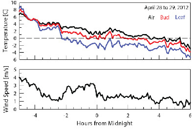 Graphs showing approximations measured with an Apogee SF-110 compared to air temperature and wind speed.